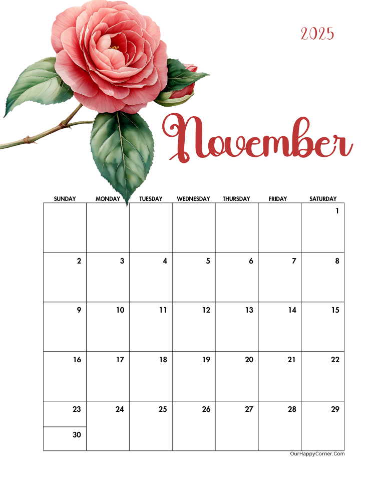 November 2025 floral printable monthly calendars