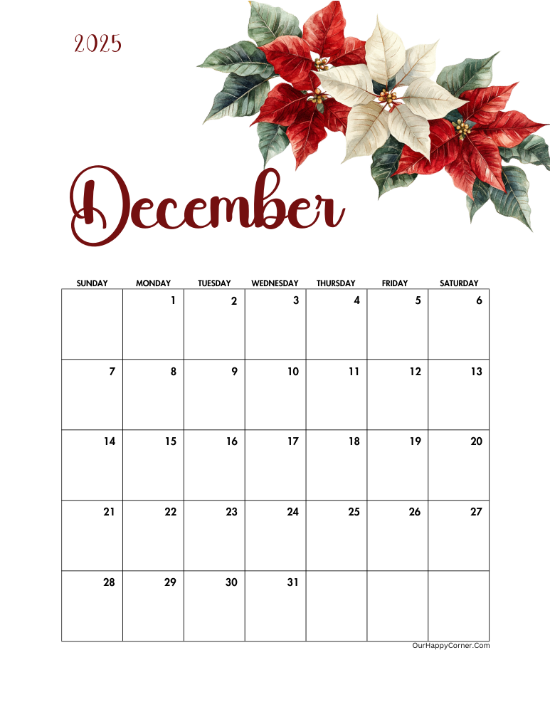 December 2025 floral printable monthly calendars