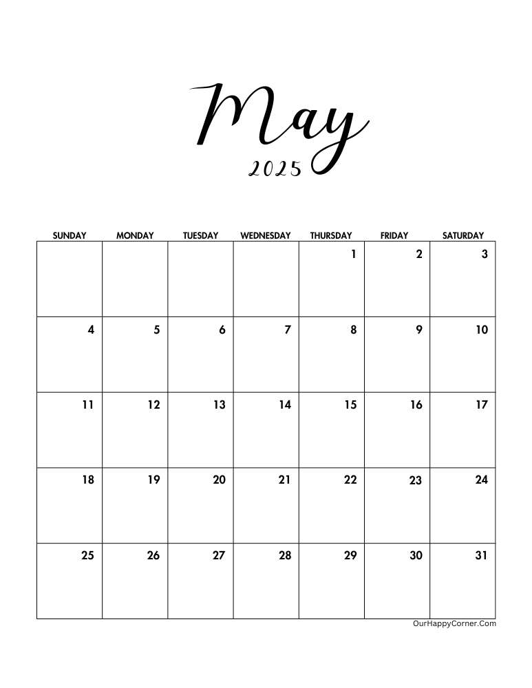 Minimalist May calendar 2025