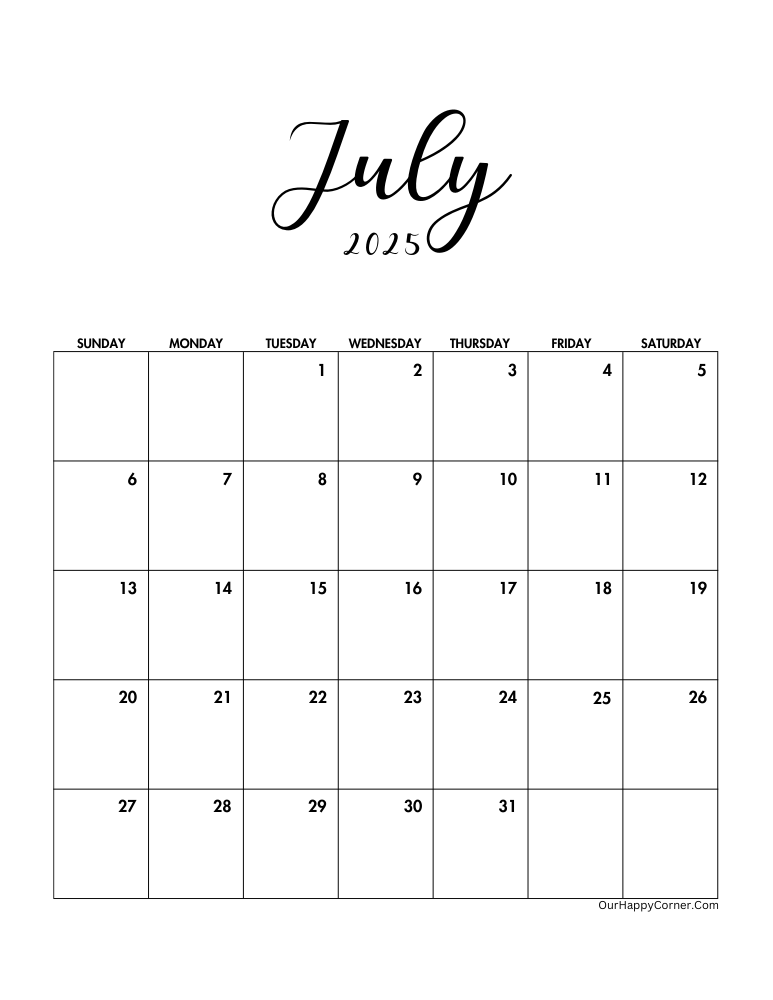 Minimalist July calendar 2025