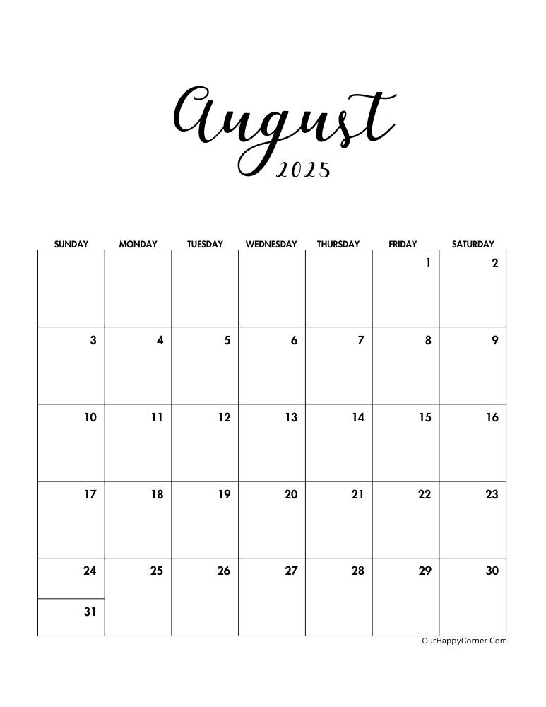 Minimalist August calendar 2025