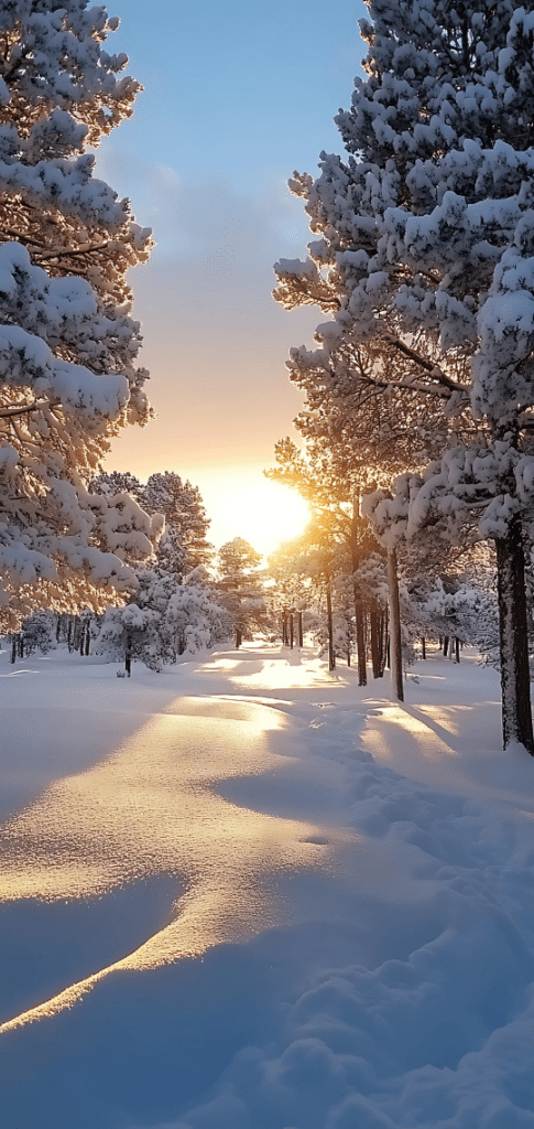 Golden sunrise over snowy forest path