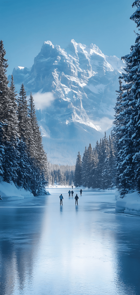 Winter wallpapers of frozen river with snowy mountains in background