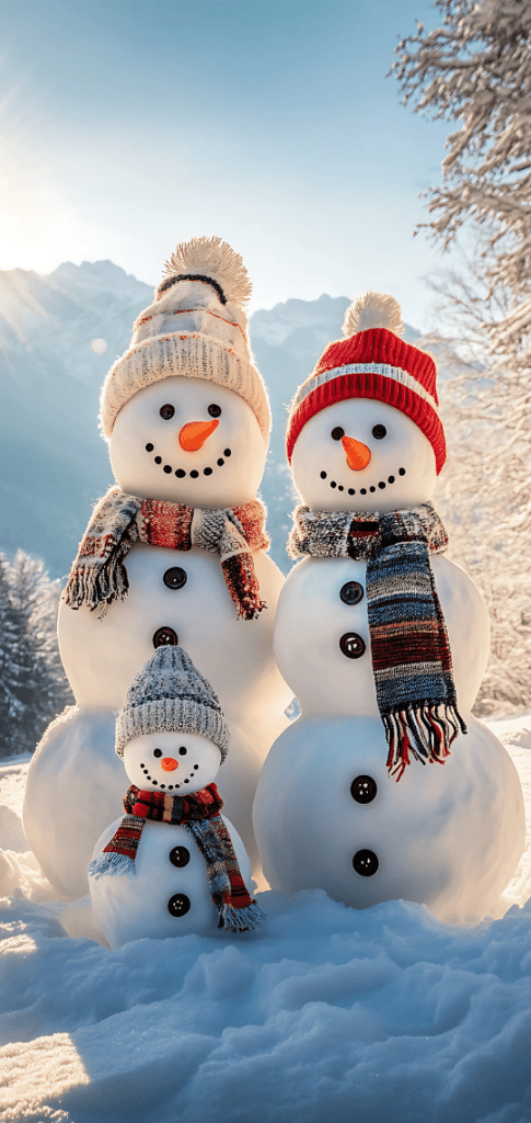 Sunlit snowmen family in snowy mountain landscape