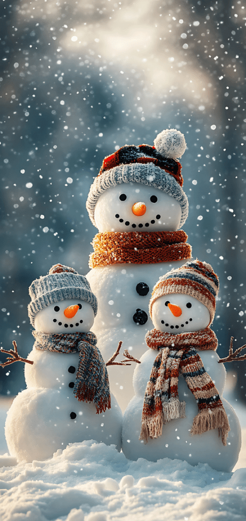 Winter wallpapers of three snowmen with scarves and hats in falling snow