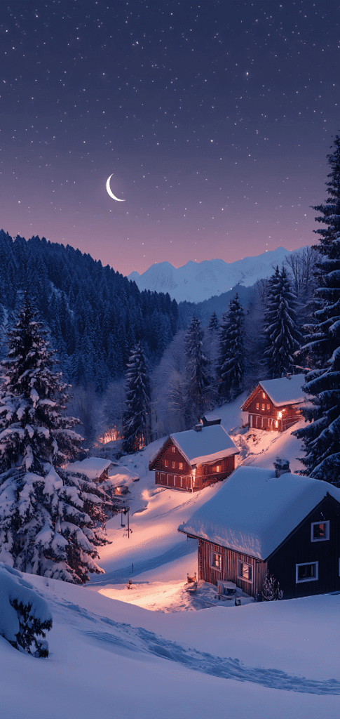 Snowy village under crescent moon and stars