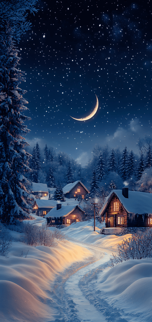 Crescent moon over snowy cabins at night