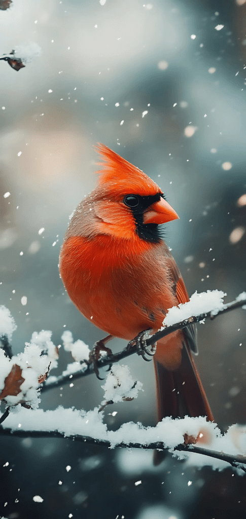 Bright cardinal on frosty branch in winter