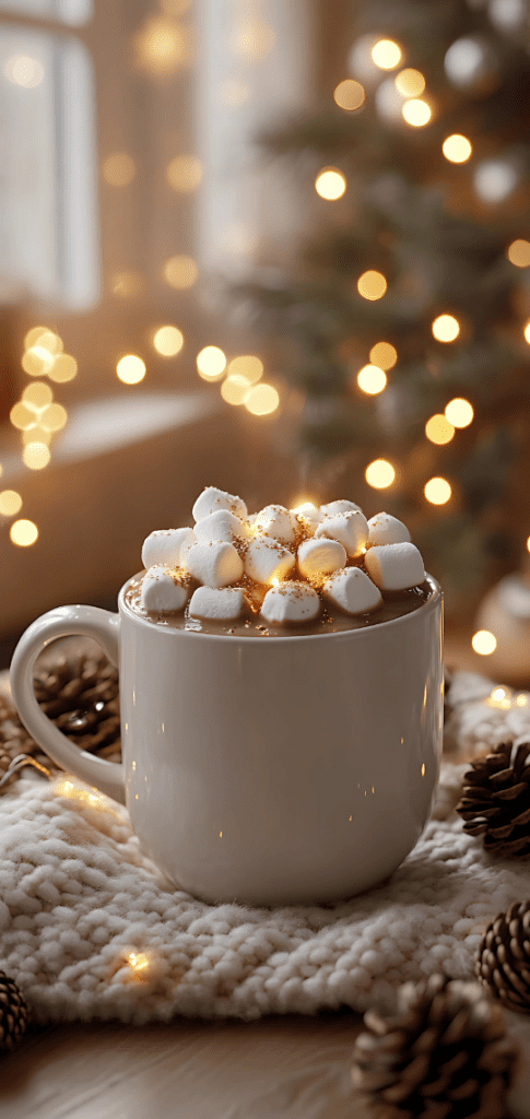 Winter wallpapers of hot chocolate with marshmallows and twinkling lights