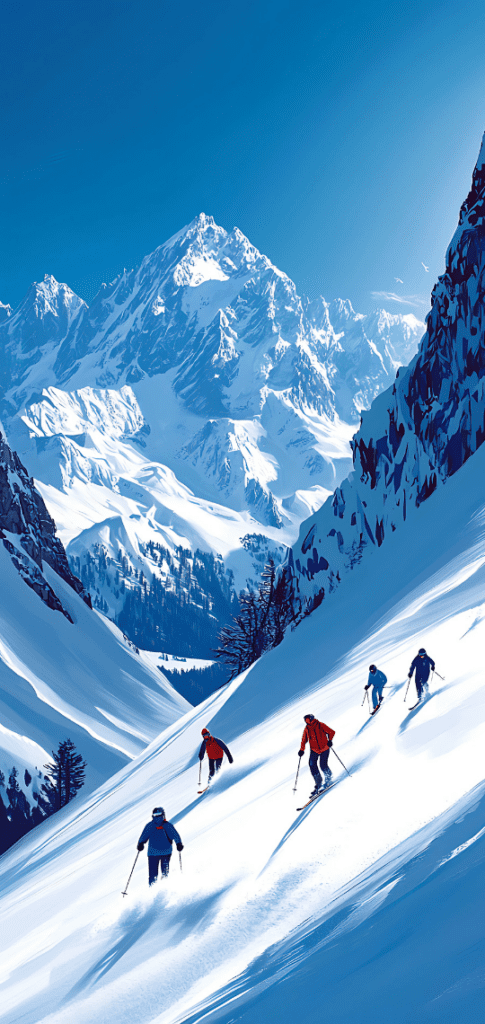 Skiers on snowy slopes with mountain peaks