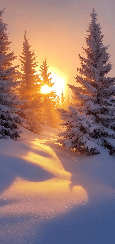 Sunlight through snowy pine trees