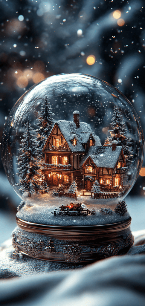 Winter wallpapers of Snow globe with glowing house and snowy trees