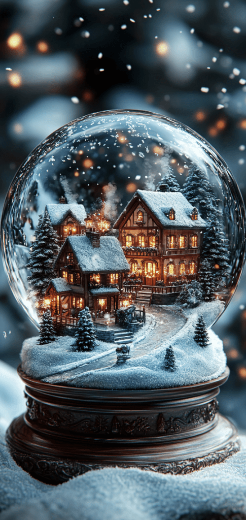 Snow globe with snowy village and glowing lights

