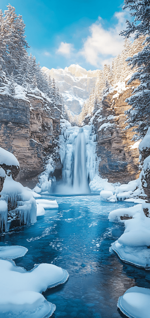 Winter wallpaper of Frozen waterfall surrounded by snowy cliffs

