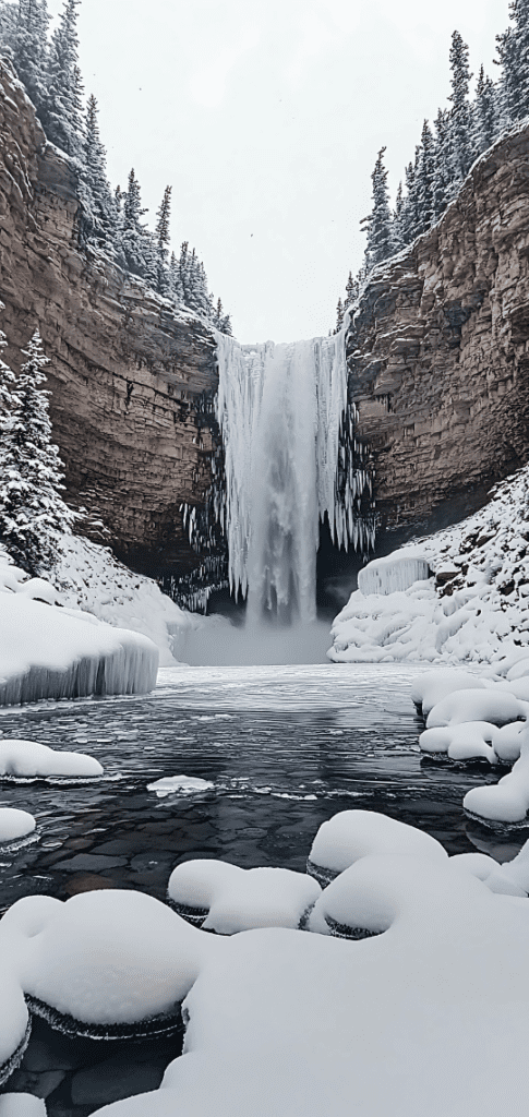 Vertical phone wallpaper of a frozen waterfall surrounded by snowy rocks