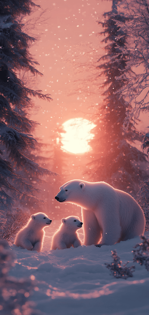 Phone wallpaper featuring a polar bear with cubs 