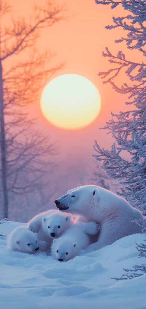 polar bear and cubs resting in snowy surroundings