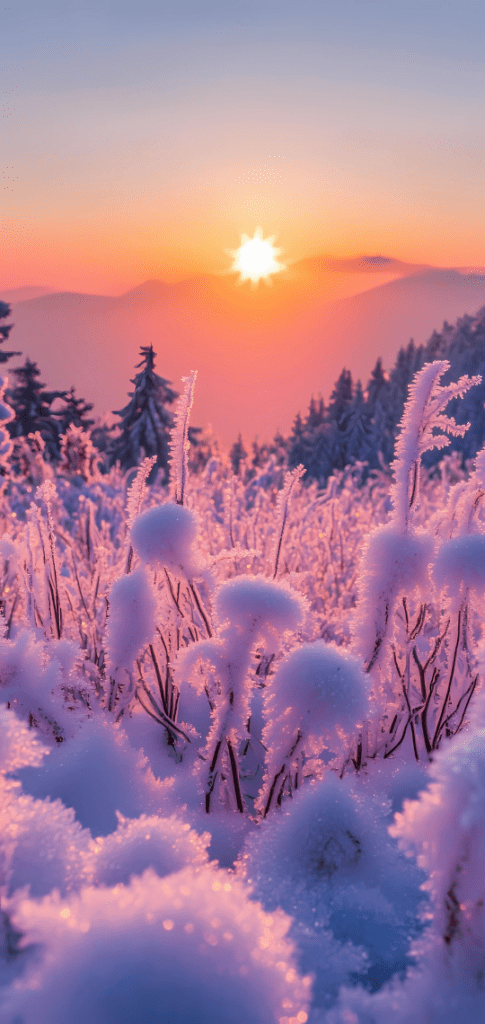 Close-up of frosted plants glowing pink and gold under a snowy sunrise