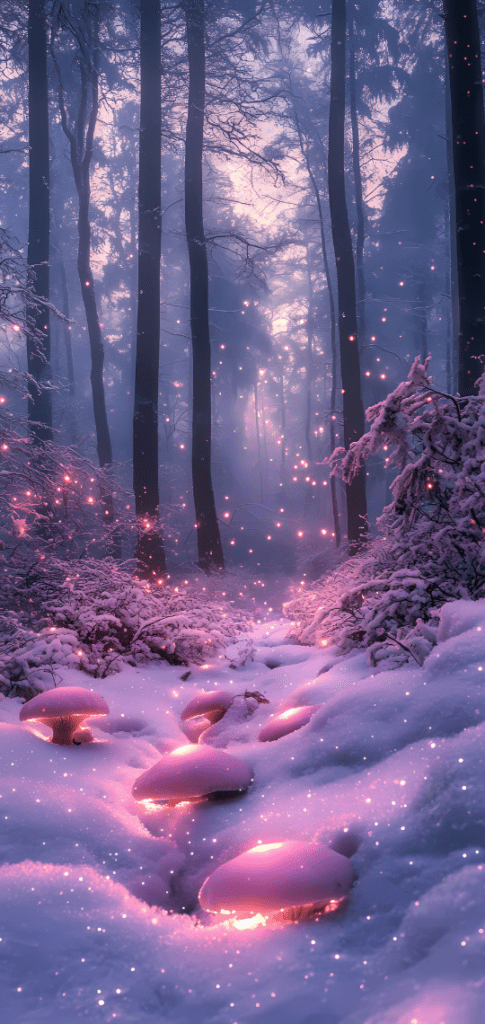 Snowy forest with glowing mushrooms and pink-hued light.

