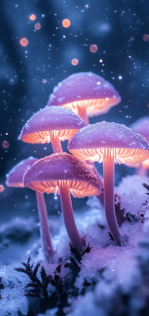 Close-up of glowing frost-covered mushrooms in the snow.

