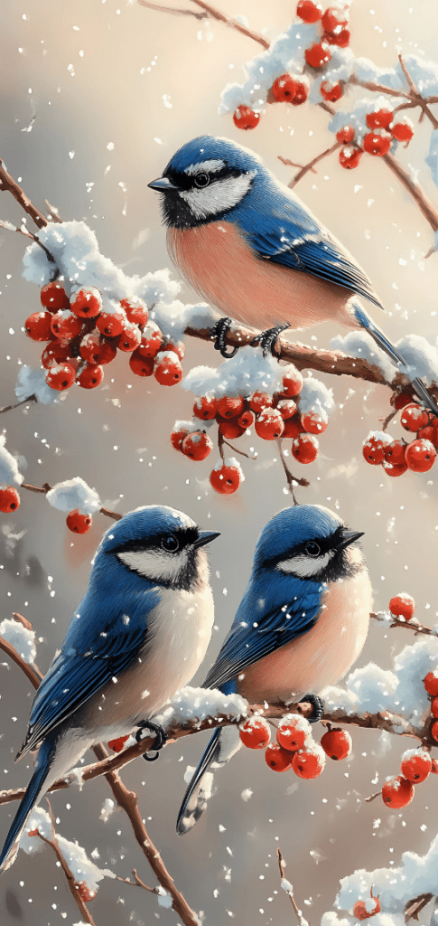 Winter wallpapers of Bluebirds perched on snow-covered branches with red berries.

