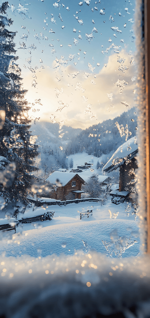 Frosted window with snowy village view