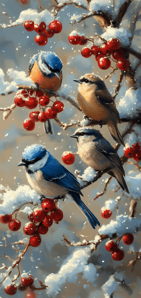 Bluebirds perched on snow-covered branches with red berries.

