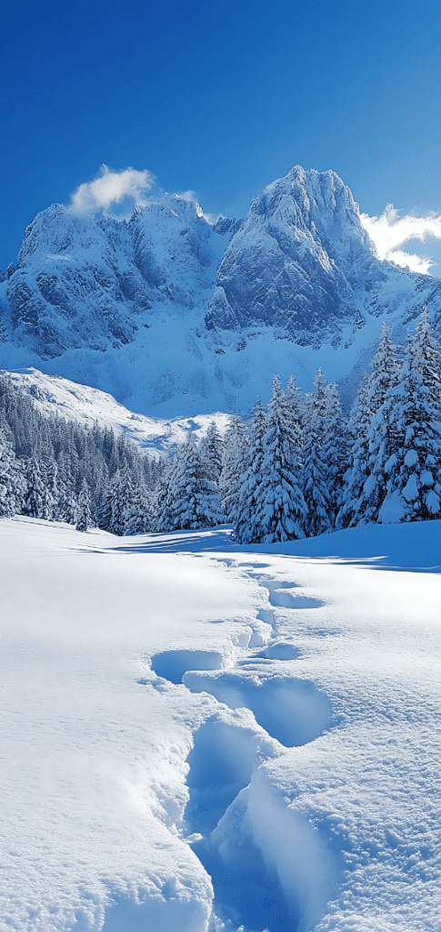 Snow-covered mountains and trees under a clear blue sky.

