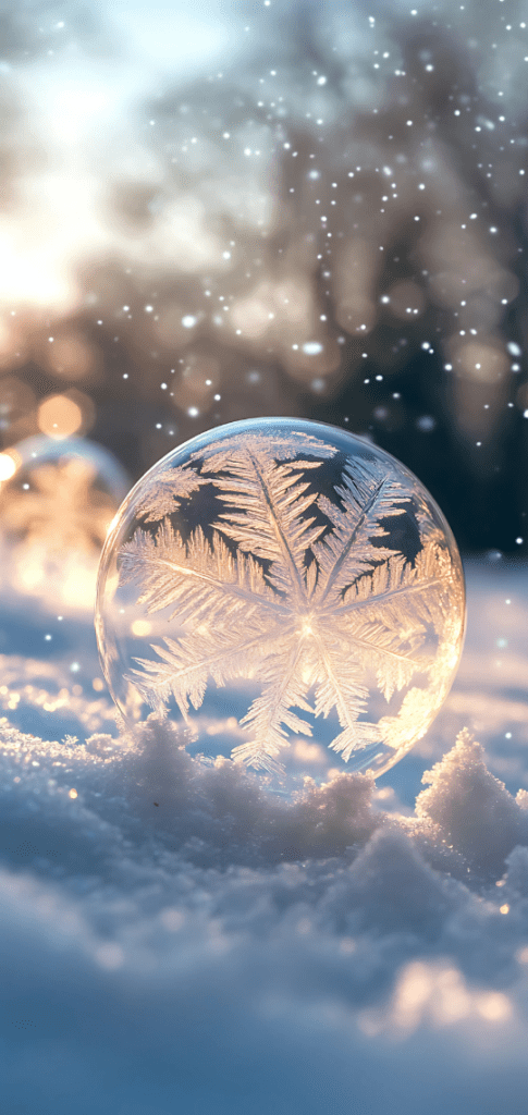 A snow globe with intricate frost patterns glowing in soft winter light.

