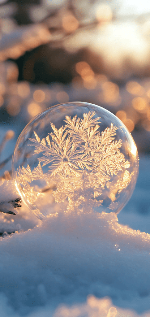 A snow globe with intricate frost patterns glowing in soft winter light.

