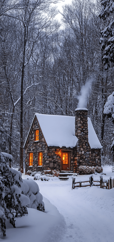 A glowing stone cottage surrounded by a snowy forest, perfect for a cozy winter wallpaper.

