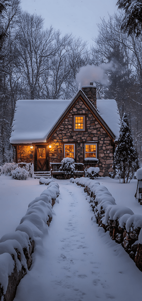 A glowing stone cottage surrounded by a snowy forest, perfect for a cozy winter wallpaper.

