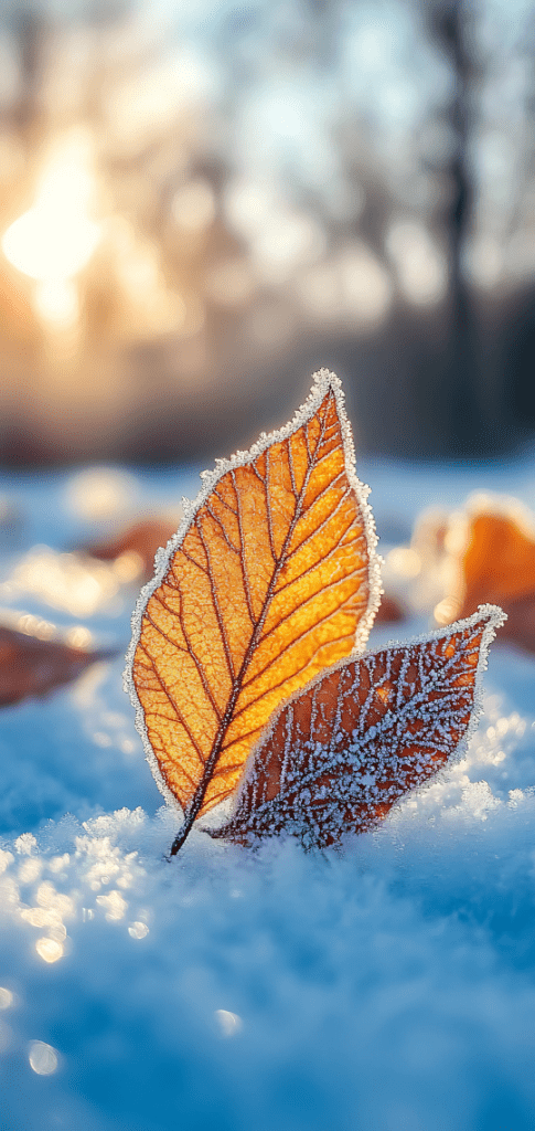 winter wallpapers of frosted golden leaves glowing in sunlight, creating an elegant winter wallpaper.

