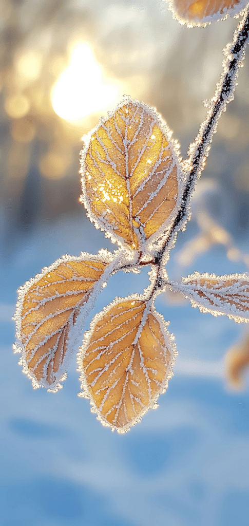 winter wallpapers of frosted golden leaves glowing in sunlight, creating an elegant winter wallpaper.
