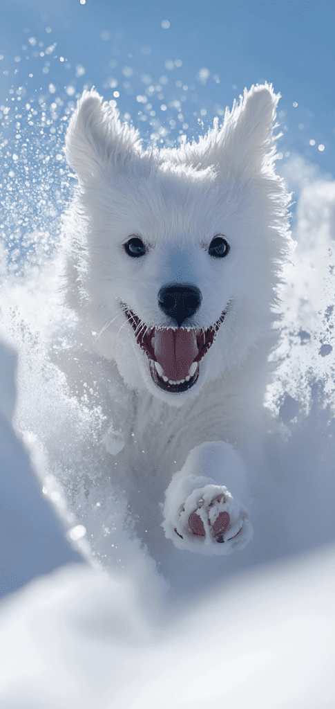 Close-up of a white fluffy dog happily running through snow, exuding energy and joy.

