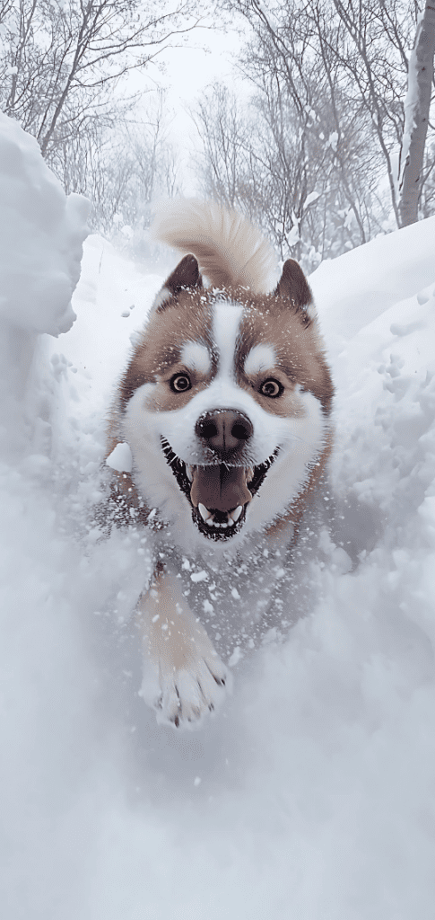 Close-up of a husky happily running through snow, exuding energy and joy.

