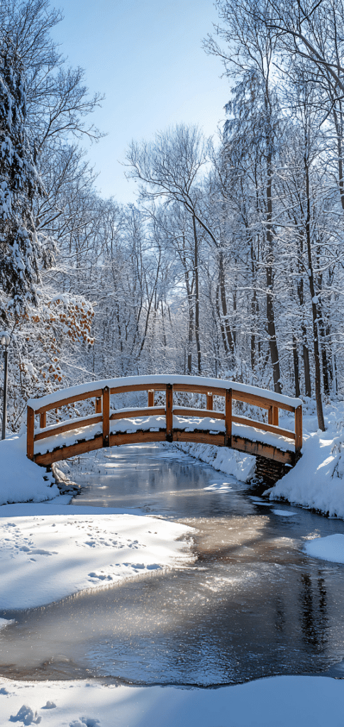 Wooden bridge over a frozen creek in a snow-filled forest.

