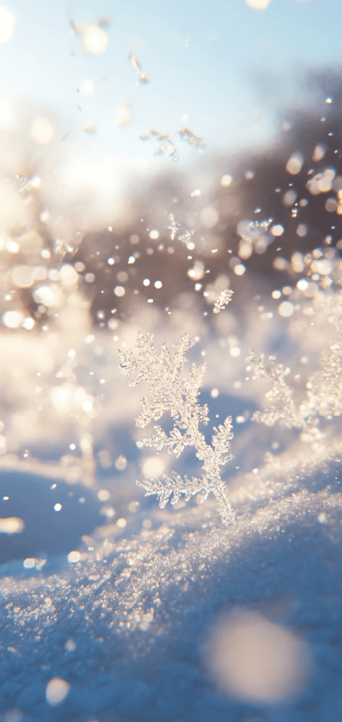 Close-up of a snowflake falling amidst shimmering bokeh in golden winter sunlight.






