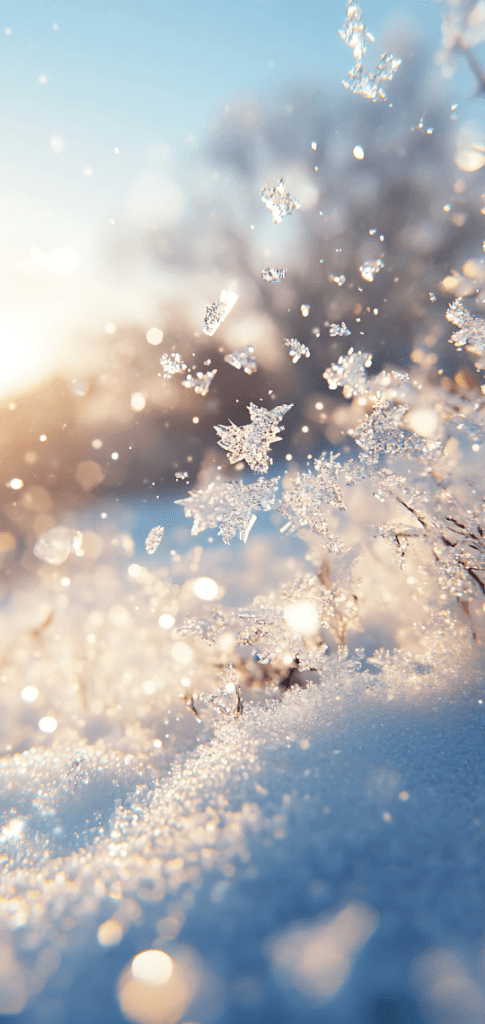 Close-up of a snowflake falling amidst shimmering bokeh in golden winter sunlight.






