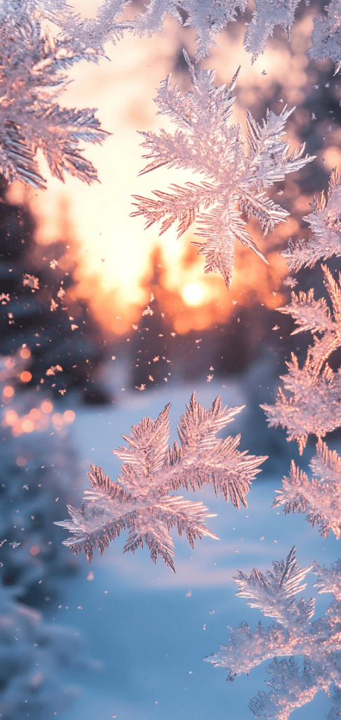 winter wallpapers of Close-up of snowflakes shimmering in the sunset's glow in soft pink