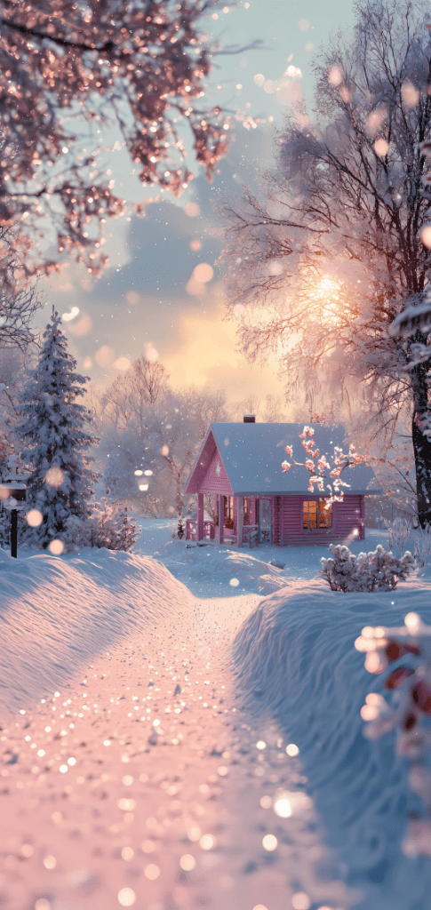 Pink cabin surrounded by snowy trees under a golden winter sunset.

