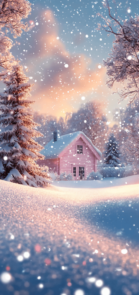 Snow-covered cabin in pastel winter tones, with falling snow and a warm glowing sunset.






