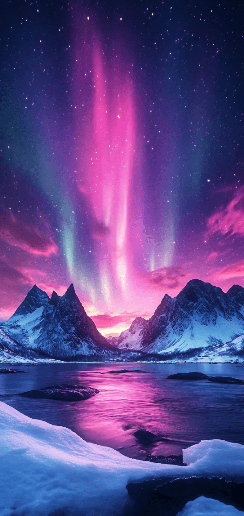 Northern Lights with pink and purple hues above snowy mountains and a serene icy lake.

