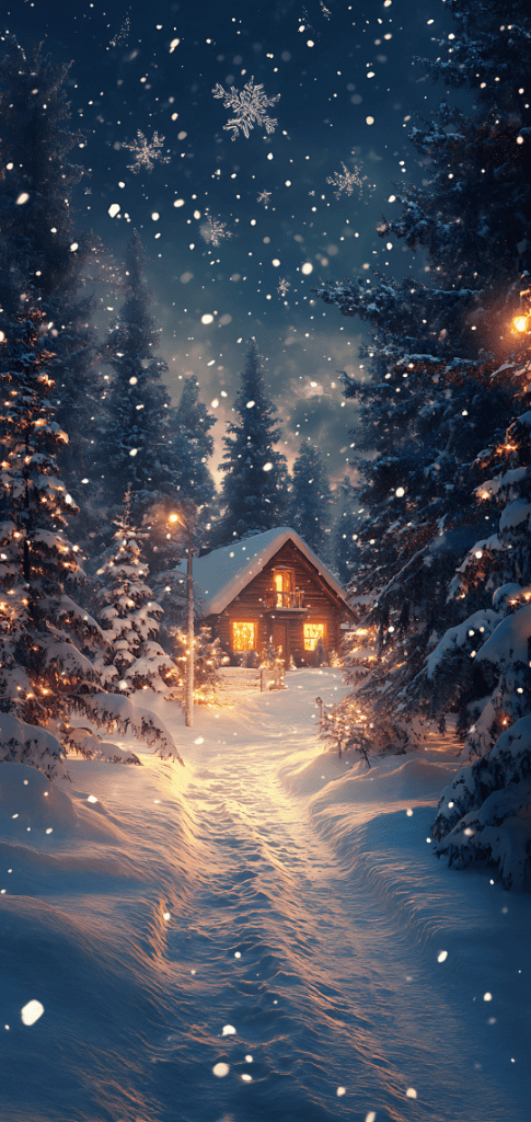 Snowy cabin with glowing lights in winter forest