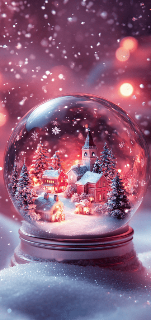 Christmas-themed snow globe with a glowing village, snow-covered trees, and a church tower.

