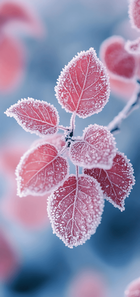 Close-up of pink frosted leaves glistening in a winter wonderland.

