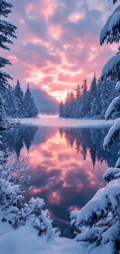 Frozen lake reflecting a colorful winter sunset surrounded by snow-covered trees.

