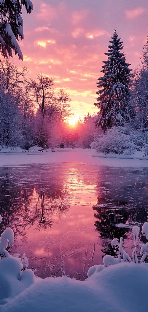 Winter pond reflecting a vibrant sunset with snowy trees and frosted surroundings.






