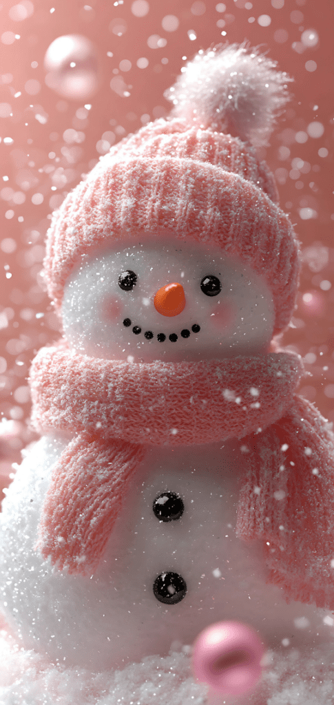 A snowman with a pink knitted hat and scarf, surrounded by falling snow