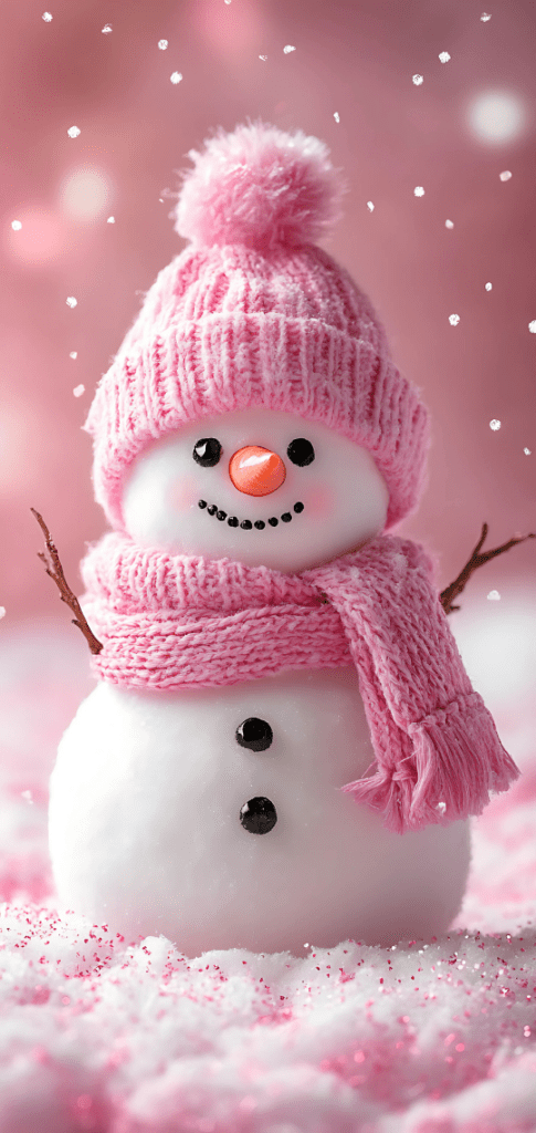 A snowman wearing a pink scarf and hat, surrounded by sparkling snow